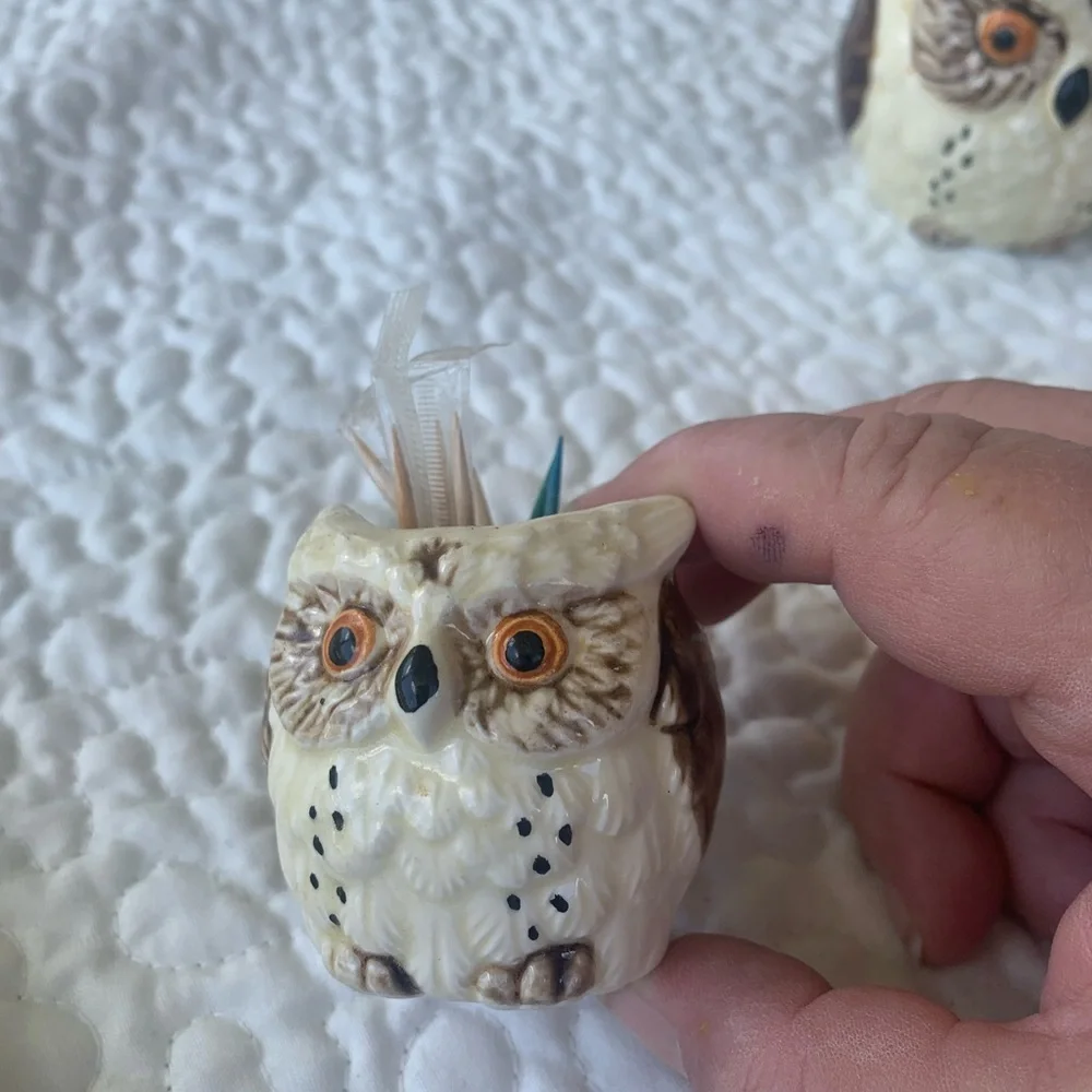 Ceramic Owl Tableware Set spoon, rest, toothpick holder, cream& sugar with lid. - Picture 9 of 10
